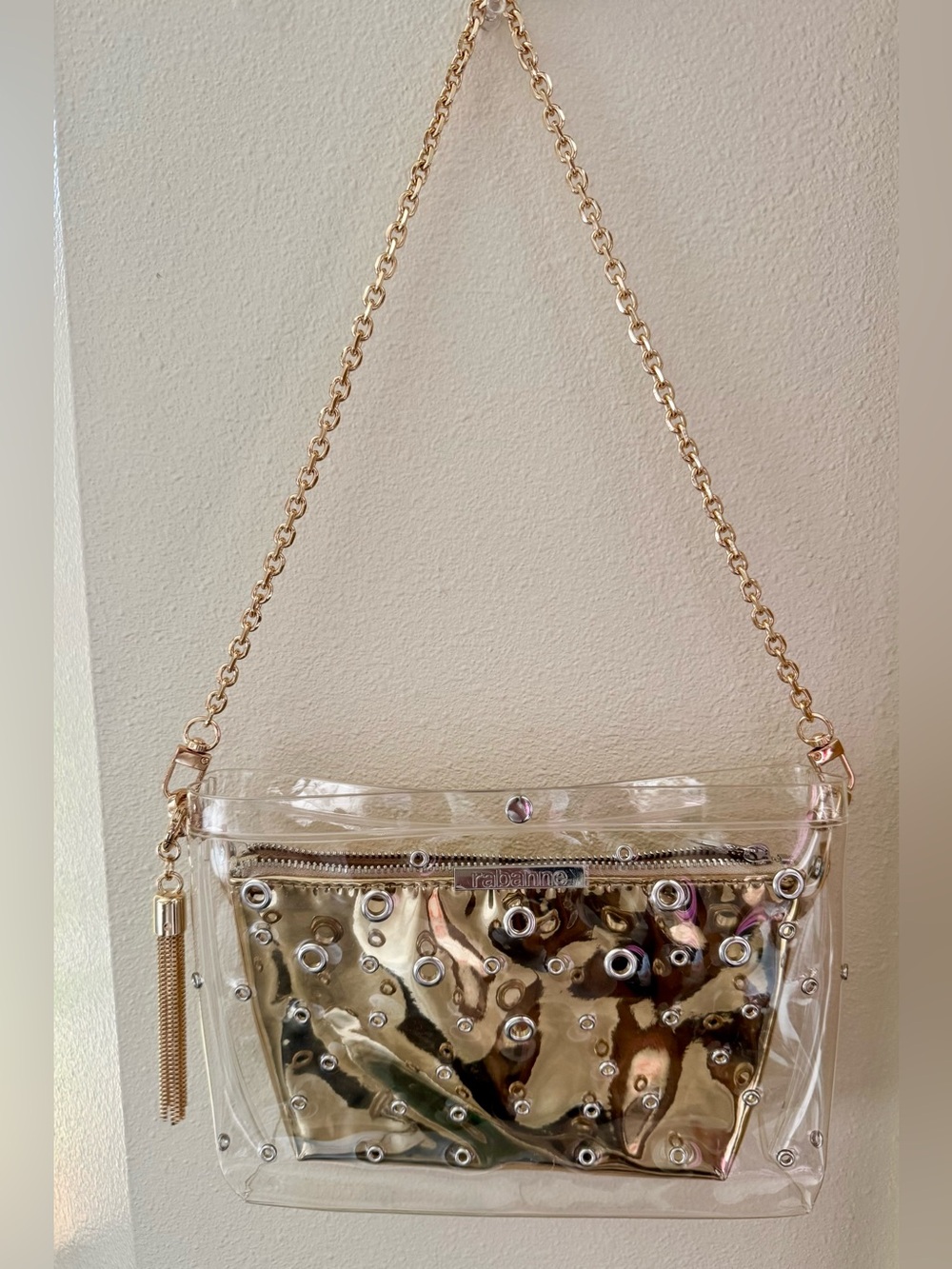 Rabanne Clear Gold Studded cosmetic pouch with Chain-Handle Shoulder Bag GWP!